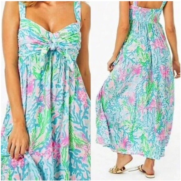 Lilly Pulitzer Sabrinah Midi Sleeveless Dress Coral Bay Blue White Pink Green - Picture 9 of 11